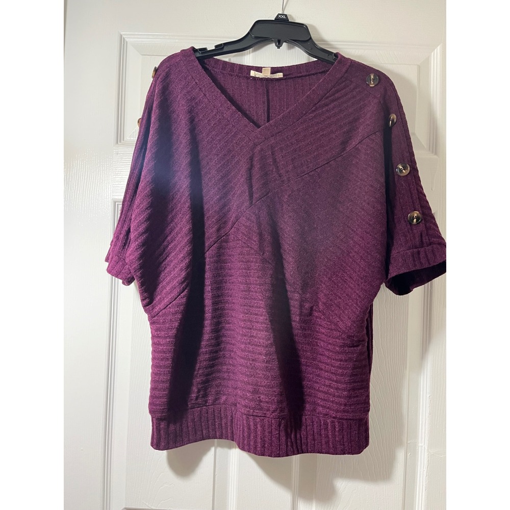 Parallel Skies Womens XL Plum Purple Ribbed V-Neck Dolman Top Button Shoulder